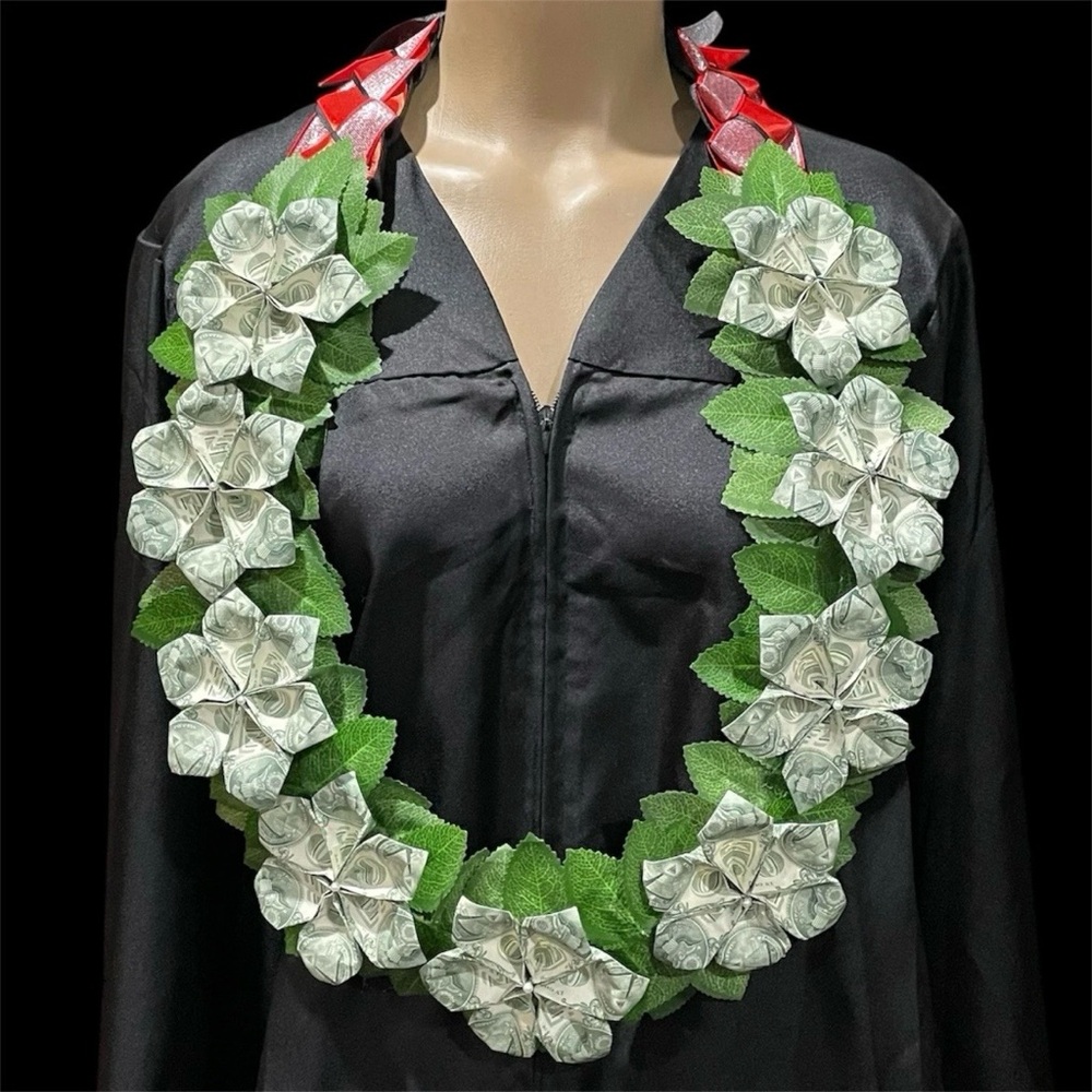 Handcrafted Red Black Silver Braided Ribbon Flower Money Graduation Lei
